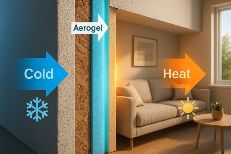 Strat de aerogel pus intre pereti care blocheaza frigul si pastreaza caldura