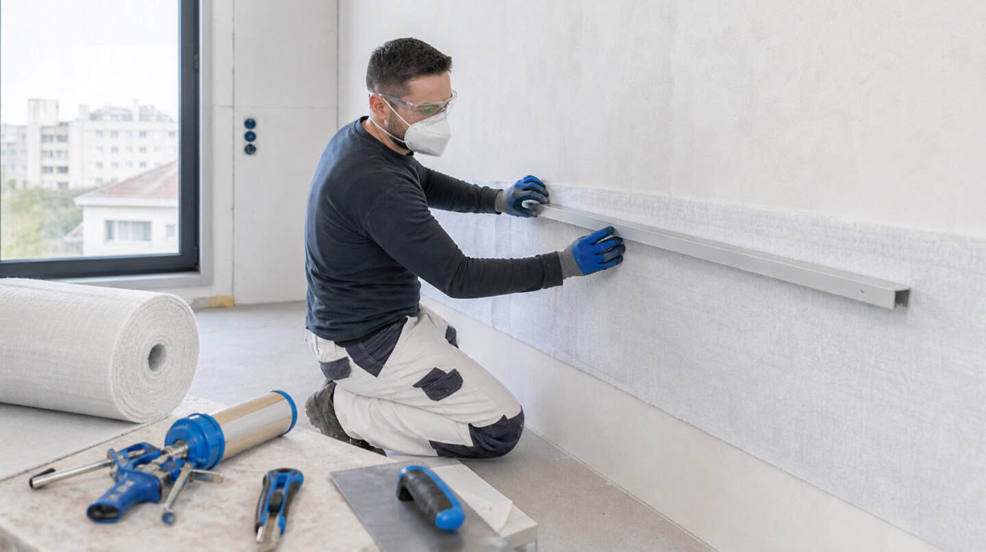 Instalator aplicând izolație cu aerogel pe perete interior, eficiență energetică.