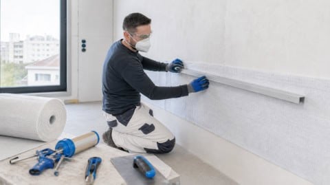 Instalator aplicând izolație cu aerogel pe perete interior, eficiență energetică.