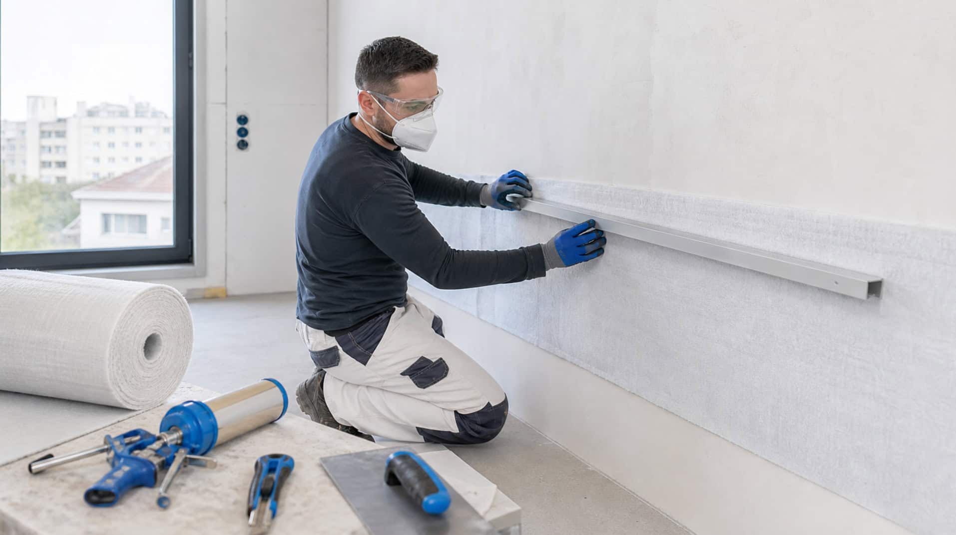Instalator aplicând izolație cu aerogel pe perete interior, eficiență energetică.