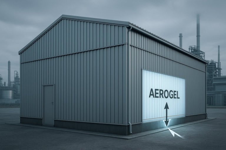Poza descriptiva cu hala metalica cu un strat de aerogel pe exterior
